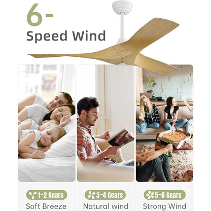 Ventilateur de plafond moderne de 52 pouces en bois massif/ABS avec télécommande (sans éclairage), 6 vitesses de ventilation, flux d'air réversible.