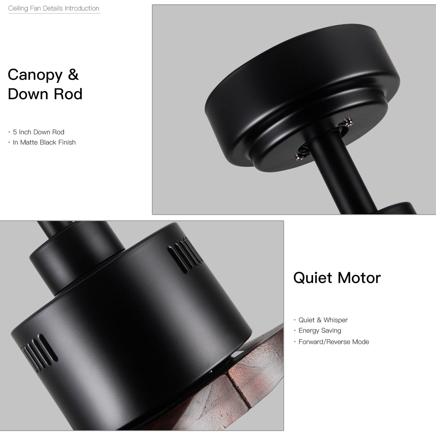 Ventilateur de plafond moderne de 52 pouces en bois massif/ABS avec télécommande (sans éclairage), 6 vitesses de ventilation, flux d'air réversible.