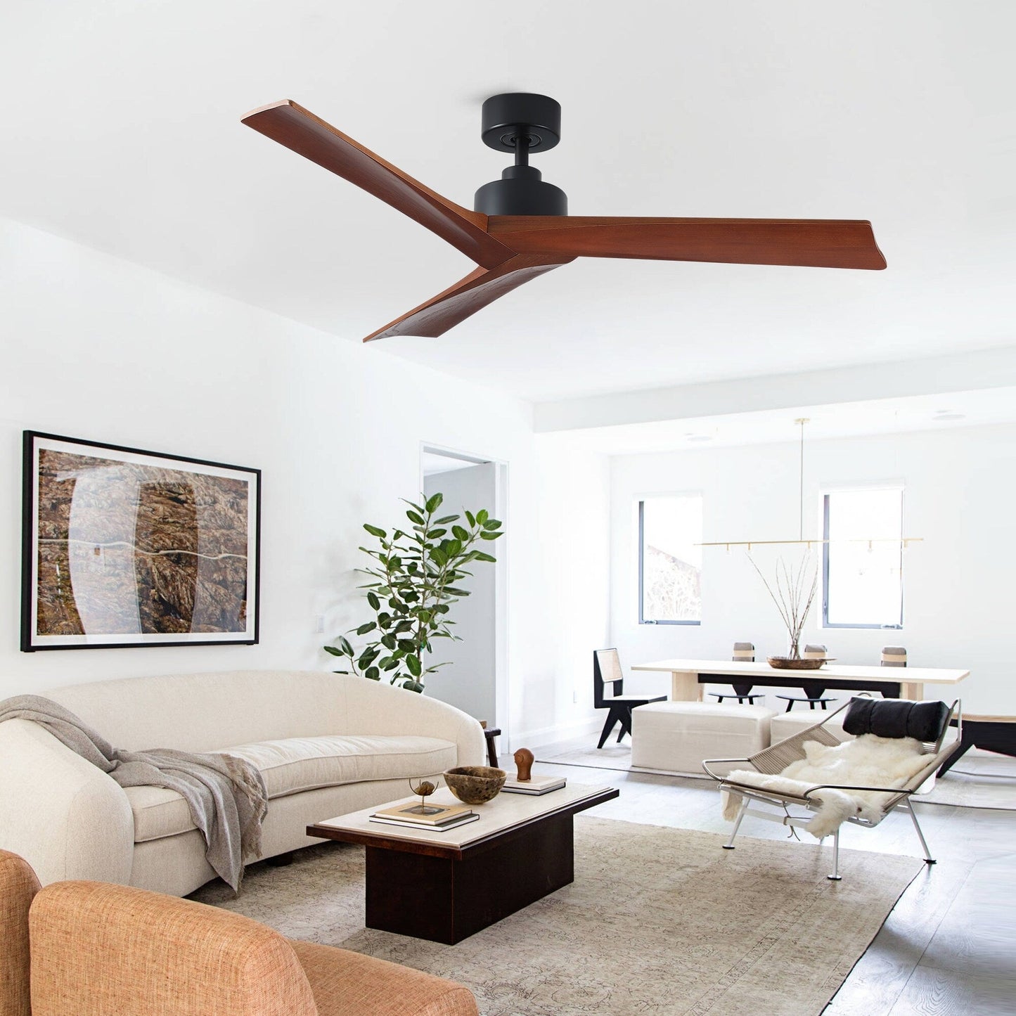 Ventilateur de plafond moderne de 52 pouces en bois massif/ABS avec télécommande (sans éclairage), 6 vitesses de ventilation, flux d'air réversible.