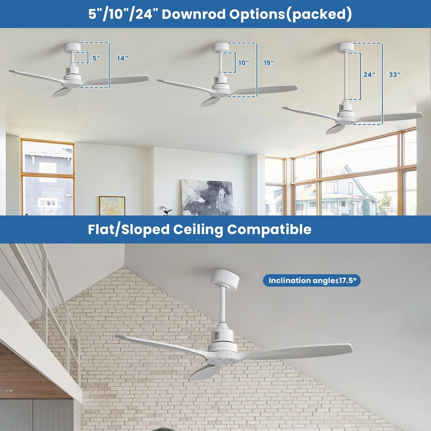 Ventilateur de plafond moderne de 52 pouces en bois massif/ABS avec télécommande (sans éclairage), 6 vitesses de ventilation, flux d'air réversible.