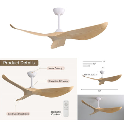 Ventilateur de plafond moderne de 52 pouces en bois massif/ABS avec télécommande (sans éclairage), 6 vitesses de ventilation, flux d'air réversible.