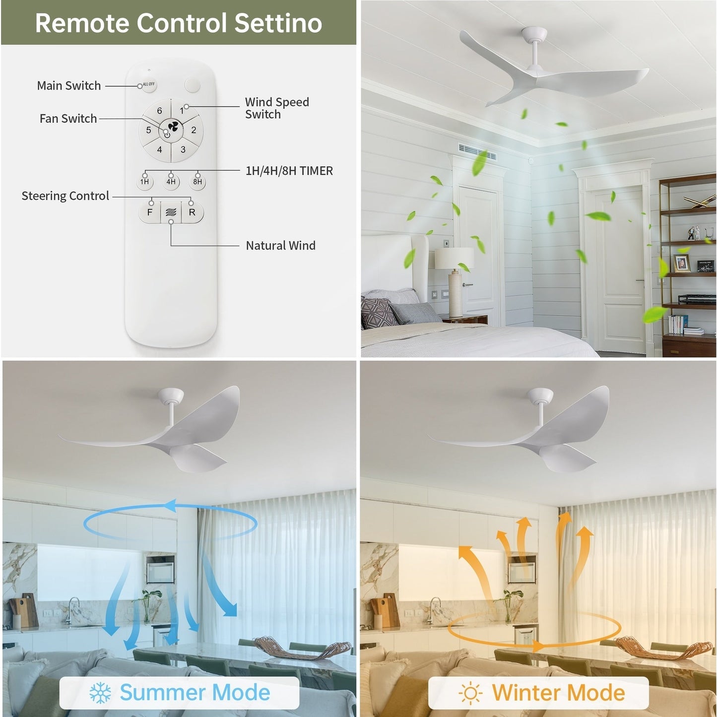 Ventilateur de plafond moderne de 52 pouces en bois massif/ABS avec télécommande (sans éclairage), 6 vitesses de ventilation, flux d'air réversible.