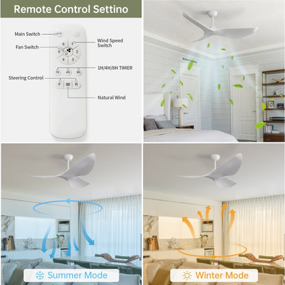 Ventilateur de plafond moderne de 52 pouces en bois massif/ABS avec télécommande (sans éclairage), 6 vitesses de ventilation, flux d'air réversible.