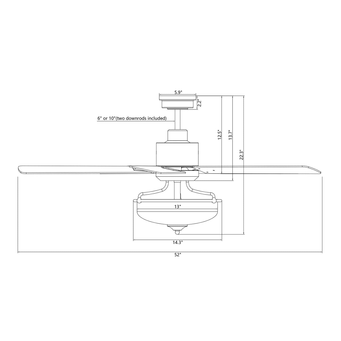 Ventilateur de plafond à 52 pouces avec 5 pales en bois réversibles, 3 lumières et télécommande.