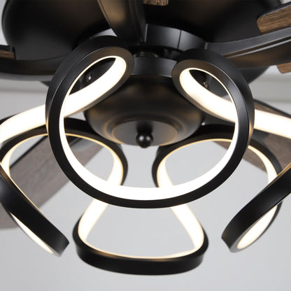 Ventilateur de plafond LED intérieur moderne de 52 pouces à 52 cm, chromé/noir, avec éclairage et télécommande, intensité variable.