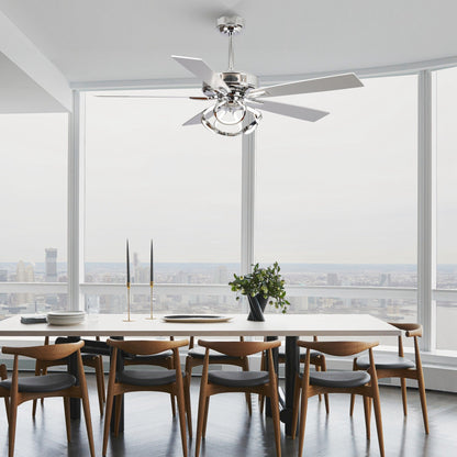 Ventilateur de plafond LED intérieur moderne de 52 pouces à 52 cm, chromé/noir, avec éclairage et télécommande, intensité variable.