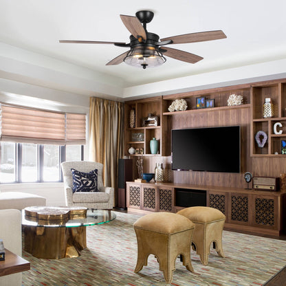 Ventilateur de plafond décoratif noir à 52 pales en verre dépoli, avec télécommande et kit d'éclairage.