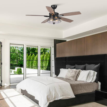 Ventilateur de plafond décoratif noir à 52 pales en verre dépoli, avec télécommande et kit d'éclairage.