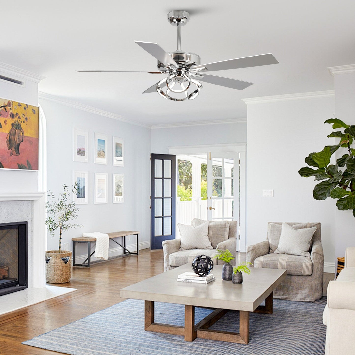 Ventilateur de plafond LED intérieur moderne de 52 pouces à 52 cm, chromé/noir, avec éclairage et télécommande, intensité variable.