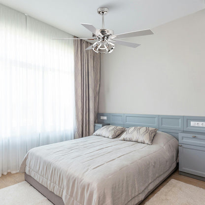 Ventilateur de plafond intérieur moderne de 52 pouces, couleur chrome/noir, avec éclairage, télécommande et 5 pales réversibles.