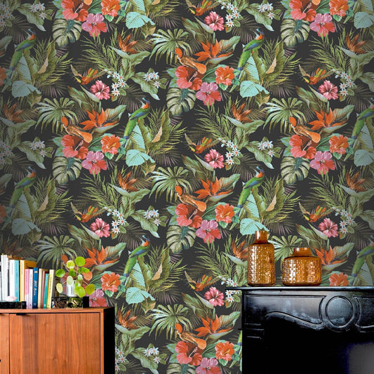 Rasch Paradise Birds Black & Multicoloured Wallpaper 539059