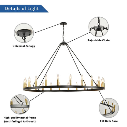 Luminaire à 24 lumières en forme de roue de charrette ronde de 54 pouces