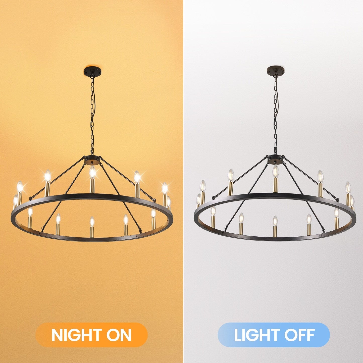 Luminaire à 24 lumières en forme de roue de charrette ronde de 54 pouces