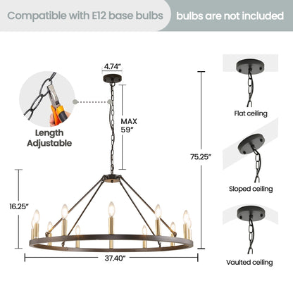 Luminaire à 24 lumières en forme de roue de charrette ronde de 54 pouces