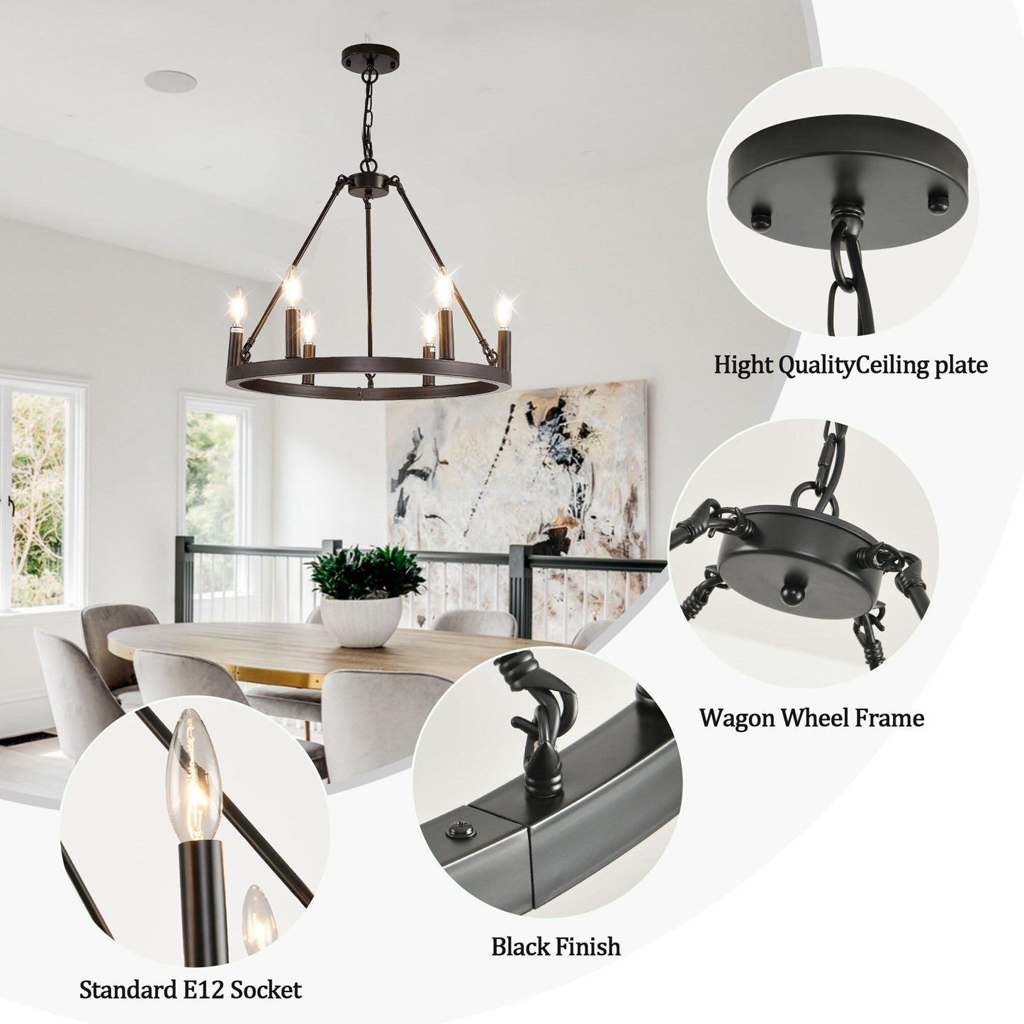 Luminaire à 24 lumières en forme de roue de charrette ronde de 54 pouces