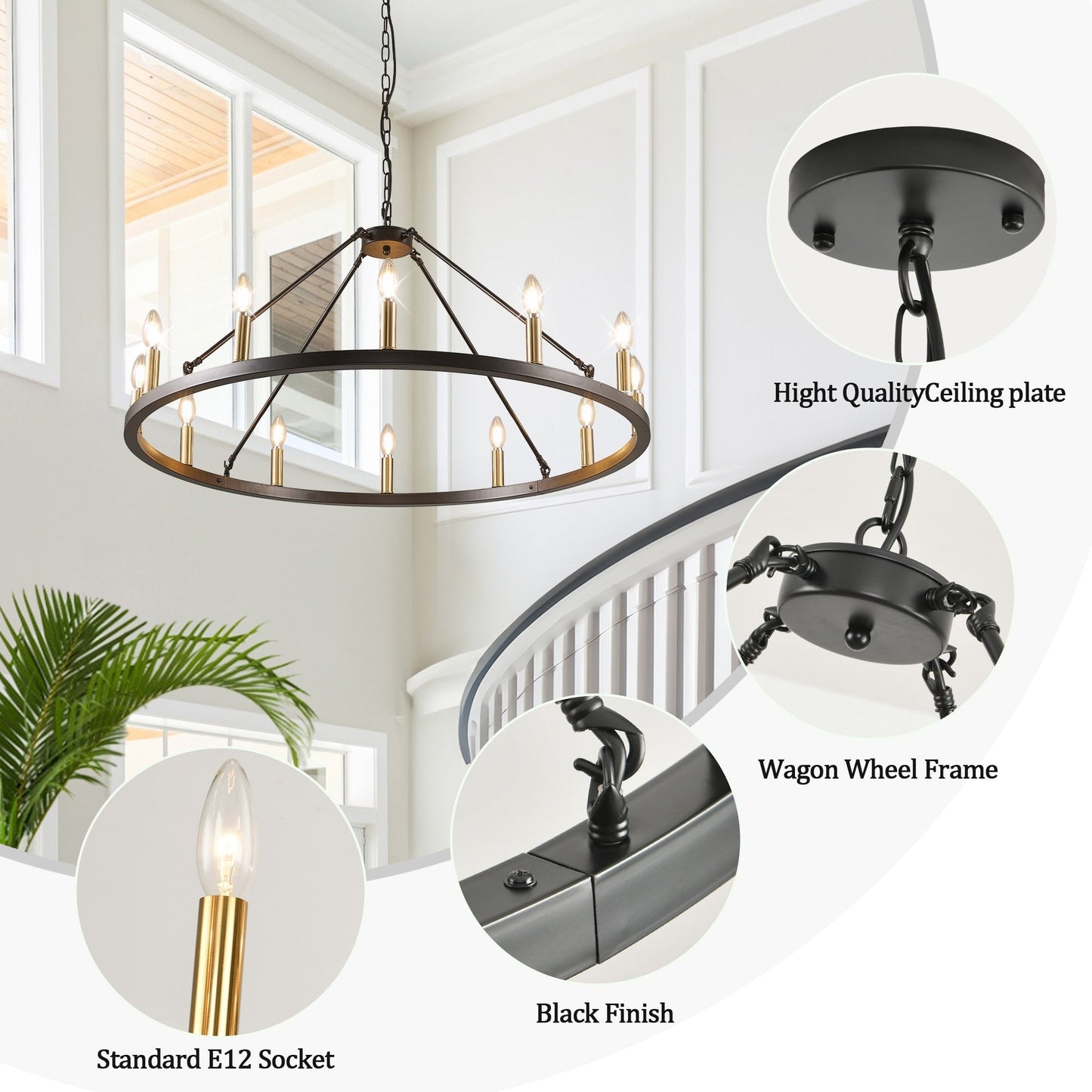 Luminaire à 24 lumières en forme de roue de charrette ronde de 54 pouces