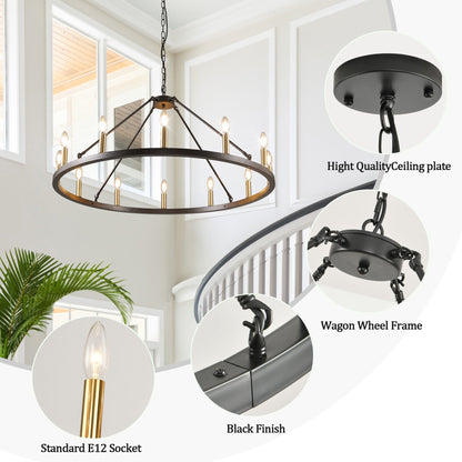 Luminaire à 24 lumières en forme de roue de charrette ronde de 54 pouces