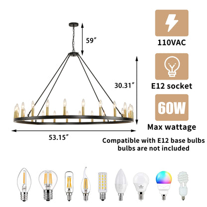 Luminaire à 24 lumières en forme de roue de charrette ronde de 54 pouces