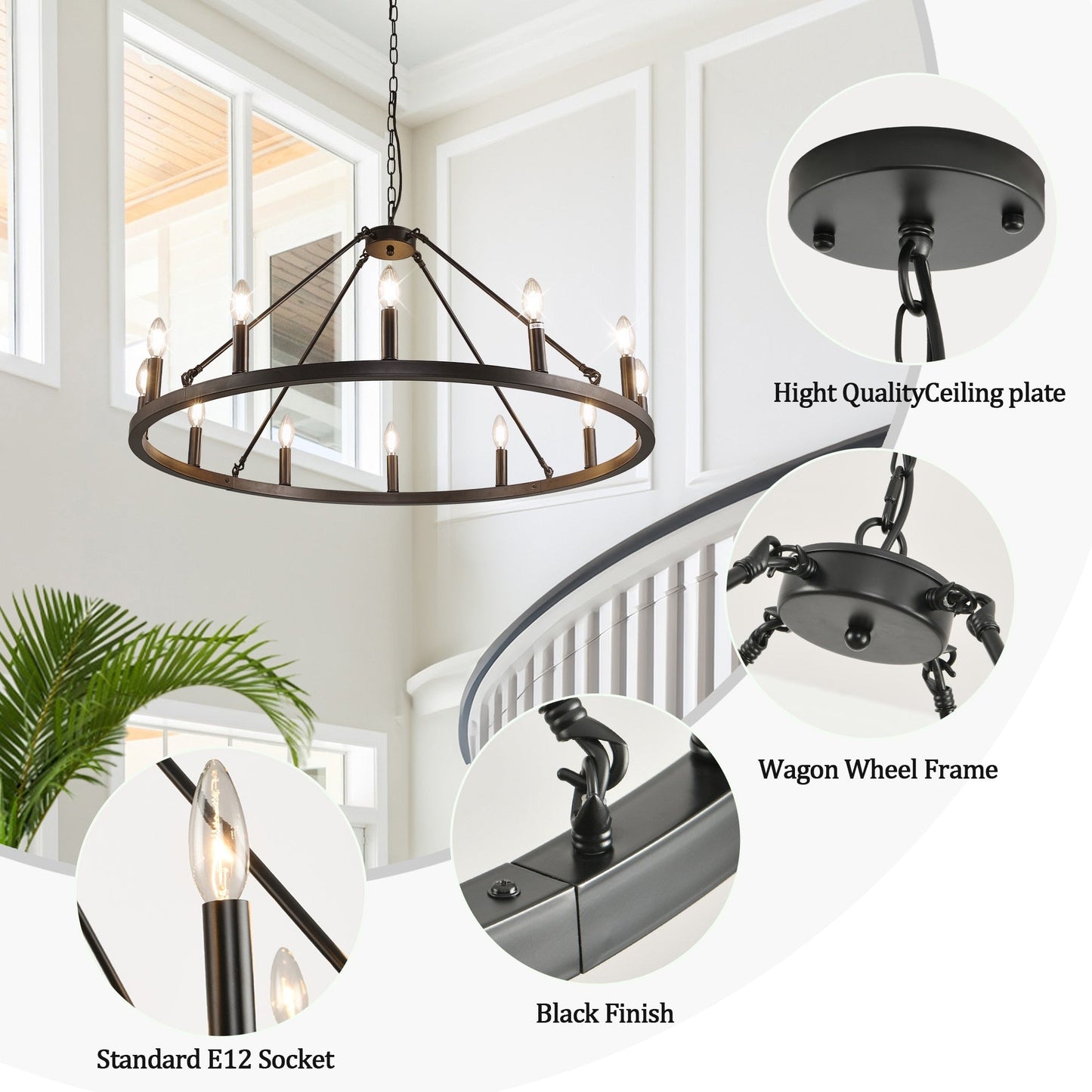 Luminaire à 24 lumières en forme de roue de charrette ronde de 54 pouces