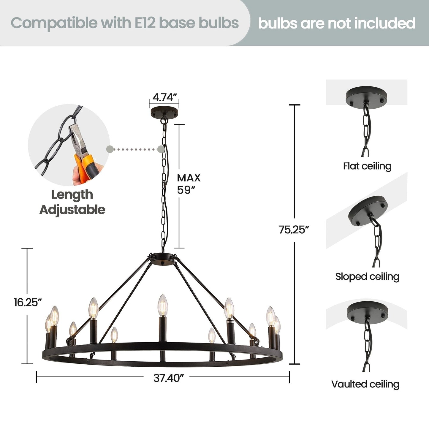 Luminaire à 24 lumières en forme de roue de charrette ronde de 54 pouces