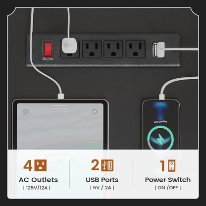 Bureau de direction style farmhouse, bureau de travail à domicile, avec tiroir à dossiers, support pour écran et prise de courant.