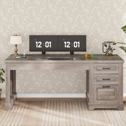 Bureau de direction style farmhouse, bureau de travail à domicile, avec tiroir à dossiers, support pour écran et prise de courant.