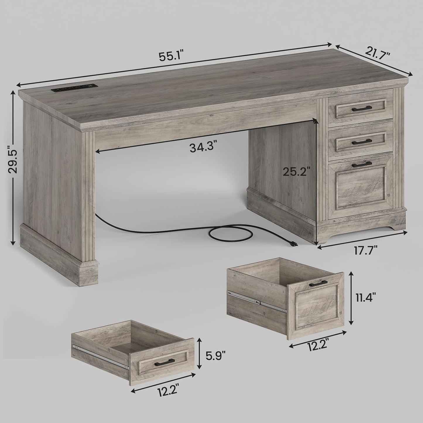 Bureau de direction style farmhouse, bureau de travail à domicile, avec tiroir à dossiers, support pour écran et prise de courant.