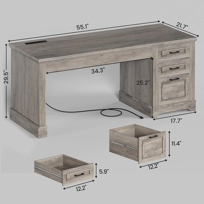 Bureau de direction style farmhouse, bureau de travail à domicile, avec tiroir à dossiers, support pour écran et prise de courant.