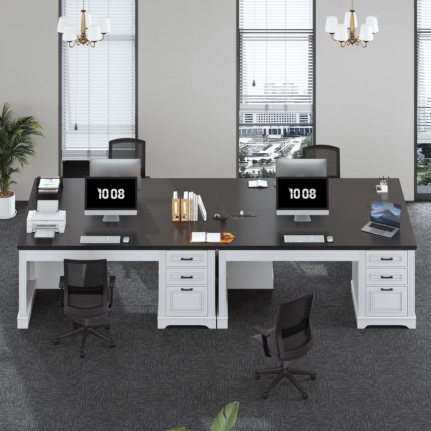 Bureau de direction style farmhouse, bureau de travail à domicile, avec tiroir à dossiers, support pour écran et prise de courant.