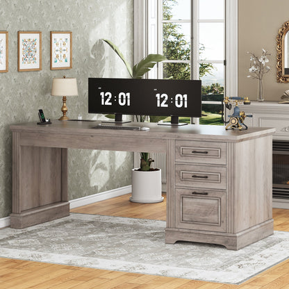 Bureau de direction style farmhouse, bureau de travail à domicile, avec tiroir à dossiers, support pour écran et prise de courant.