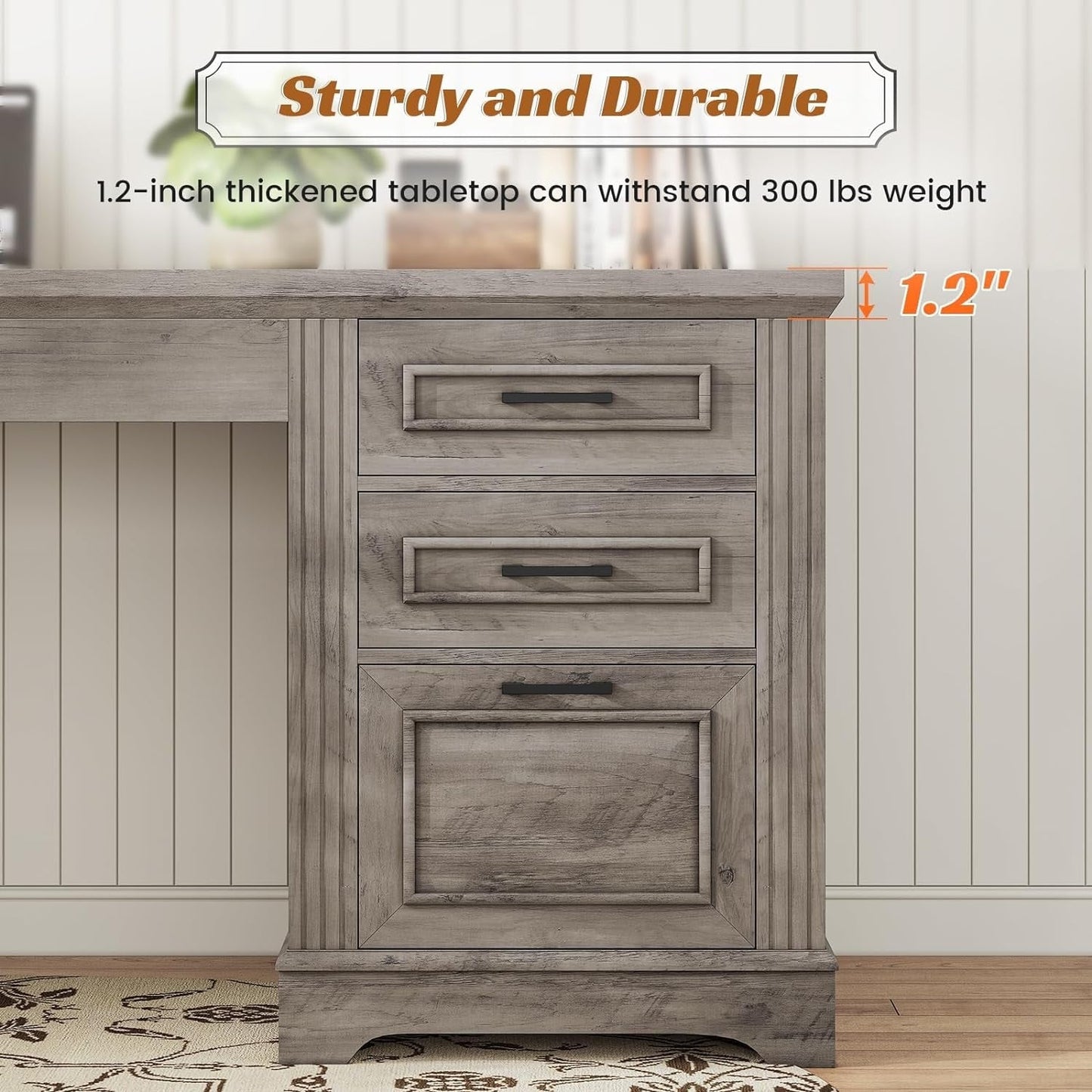 Bureau de direction style farmhouse, bureau de travail à domicile, avec tiroir à dossiers, support pour écran et prise de courant.