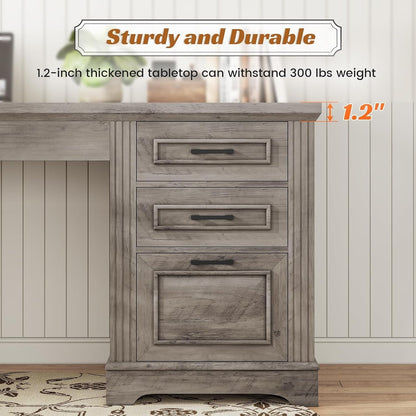 Bureau de direction style farmhouse, bureau de travail à domicile, avec tiroir à dossiers, support pour écran et prise de courant.