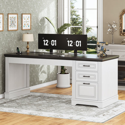 Bureau de direction style farmhouse, bureau de travail à domicile, avec tiroir à dossiers, support pour écran et prise de courant.