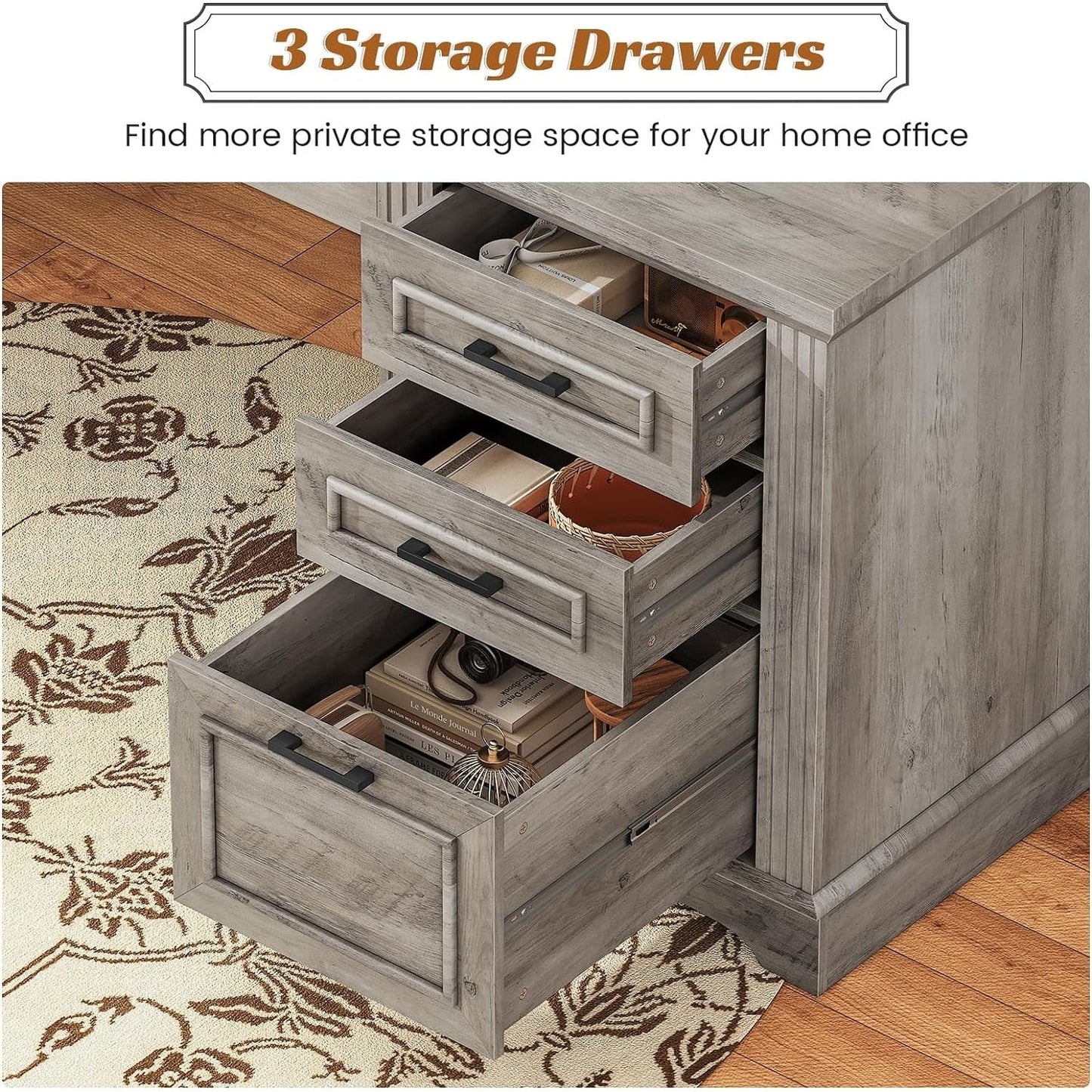 Bureau de direction style farmhouse, bureau de travail à domicile, avec tiroir à dossiers, support pour écran et prise de courant.