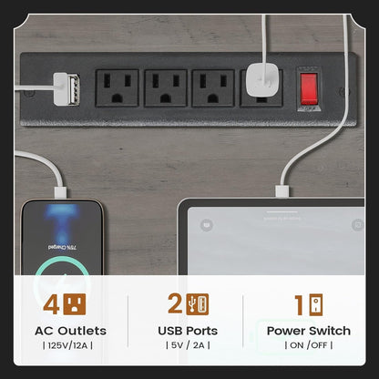 Bureau de direction style farmhouse, bureau de travail à domicile, avec tiroir à dossiers, support pour écran et prise de courant.