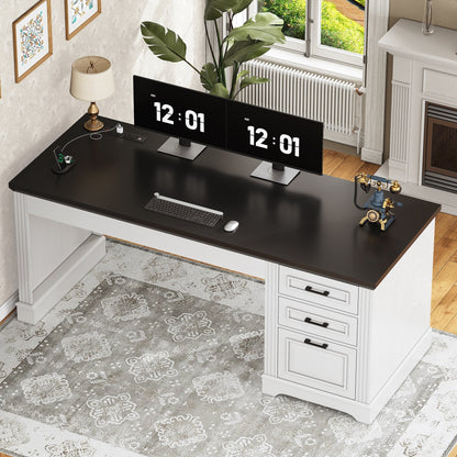 Bureau de direction style farmhouse, bureau de travail à domicile, avec tiroir à dossiers, support pour écran et prise de courant.