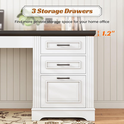 Bureau de direction style farmhouse, bureau de travail à domicile, avec tiroir à dossiers, support pour écran et prise de courant.