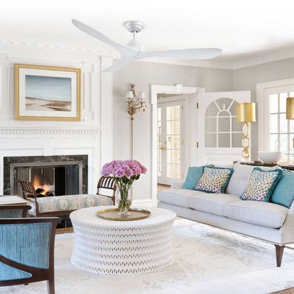 Ventilateur de plafond à 56 pouces, moderne, noir, à 3 pales, avec moteur à courant continu et télécommande.