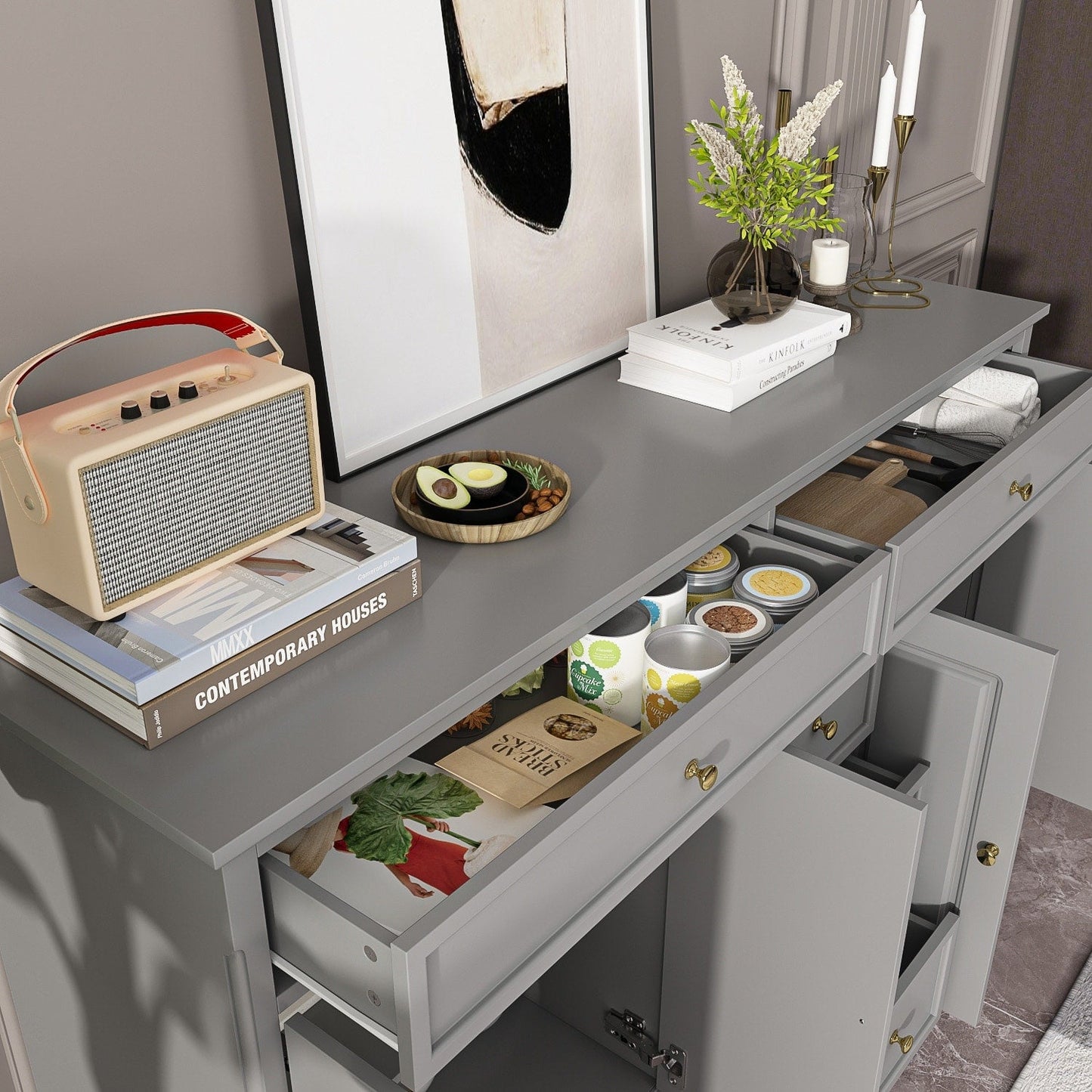 Buffet de rangement blanc laqué, style moderne contemporain du milieu du siècle, 59,1 pouces