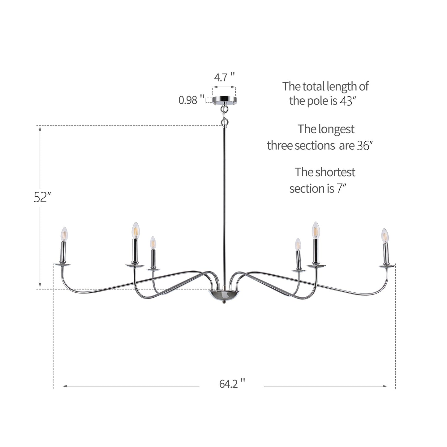 Luminaire minimaliste à 6 lumières de 64 pouces en noir mat / doré / chromé - N/A