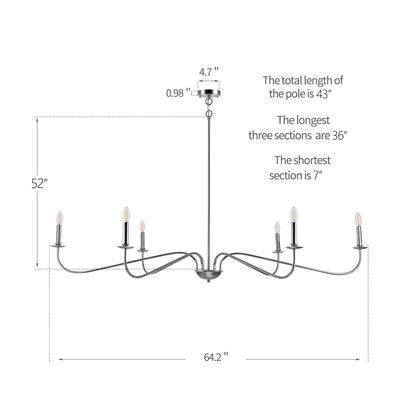 Luminaire minimaliste à 6 lumières de 64 pouces en noir mat / doré / chromé - N/A