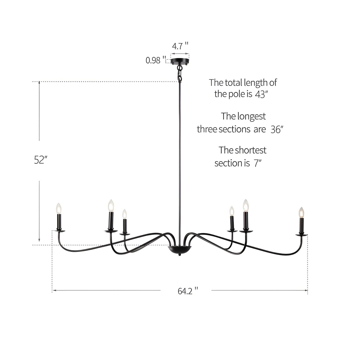Luminaire minimaliste à 6 lumières de 64 pouces en noir mat / doré / chromé - N/A