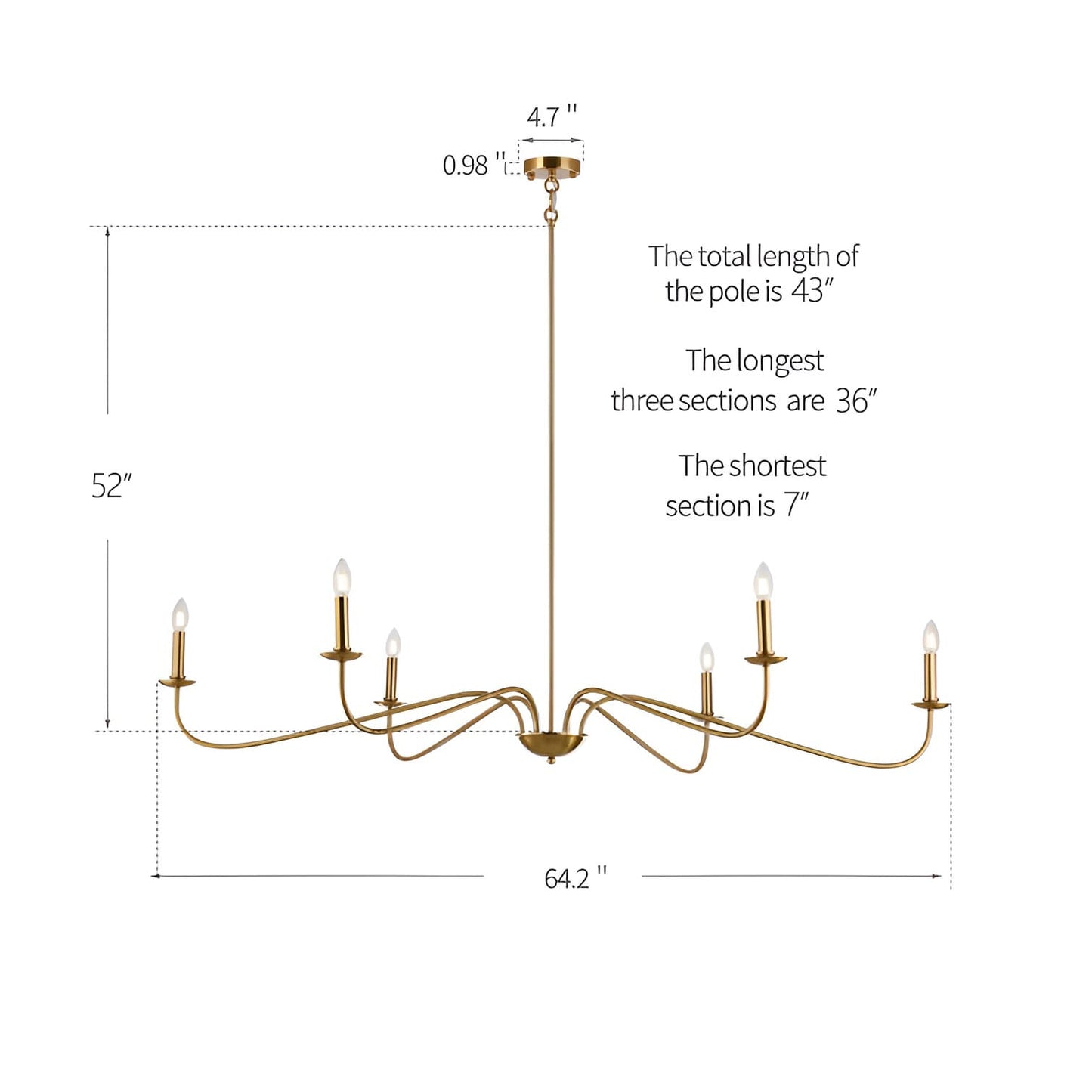 Luminaire minimaliste à 6 lumières de 64 pouces en noir mat / doré / chromé - N/A