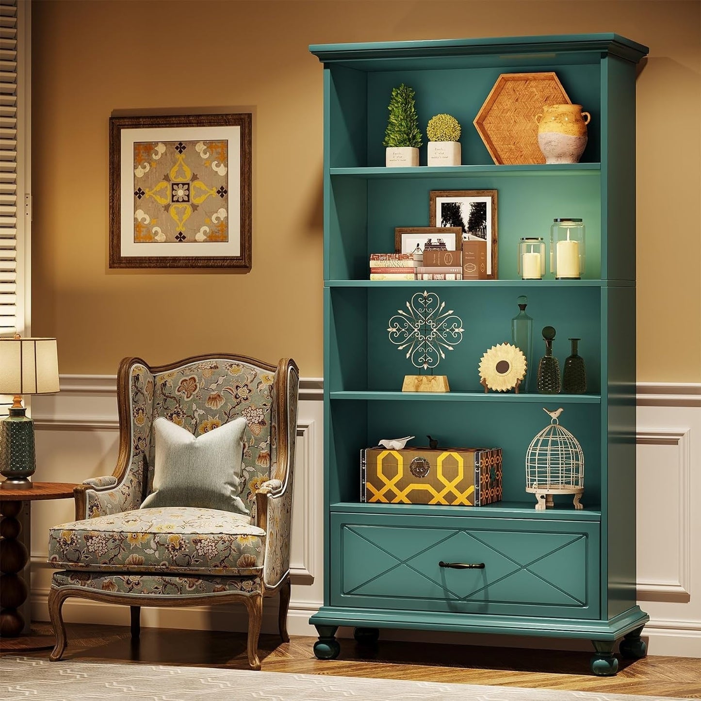 Étagère à livres 6 niveaux avec tiroir, bibliothèque de 71 livres pour salon