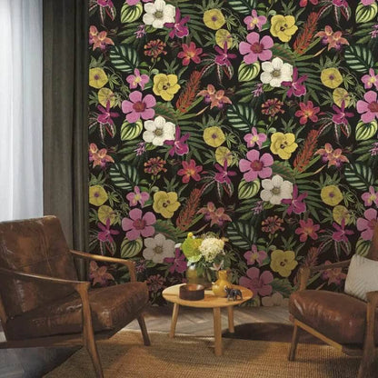 Rasch Priya Floral Black & Magenta Wallpaper - 284262
