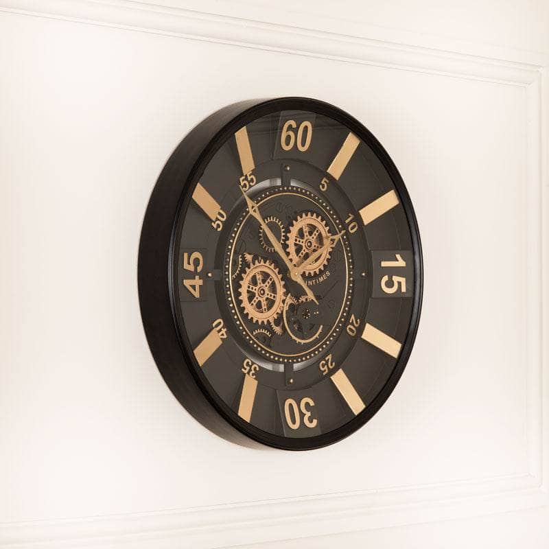 Tempered Glass Black & Gold Gears Wall Clock - 60cm