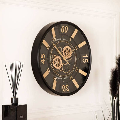 Tempered Glass Black & Gold Gears Wall Clock - 60cm
