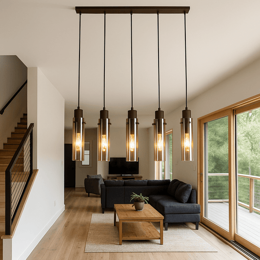 Sweden 5 Light Pendant Light - Mocha Metal & Amber Glass