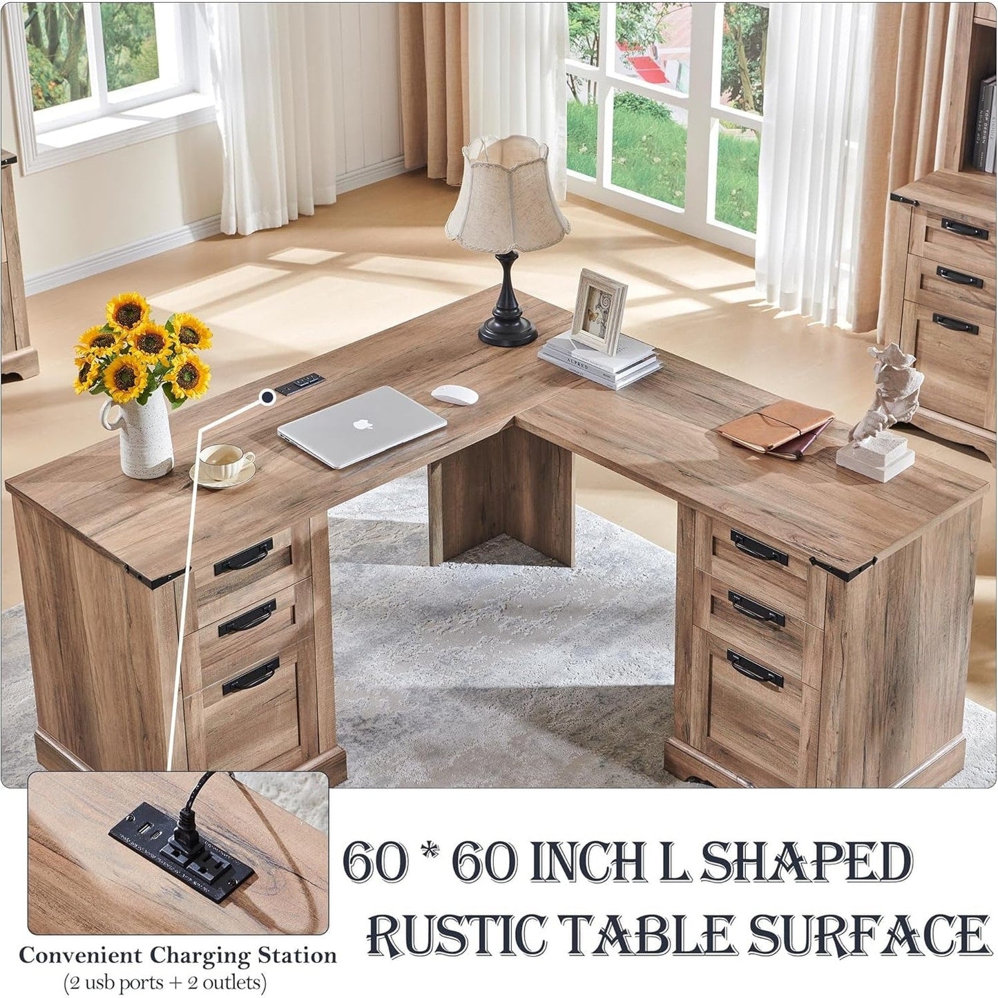 Bureau de direction en forme de L de style farmhouse, 60 pouces, bureau d'angle en bois, bureau d'ordinateur