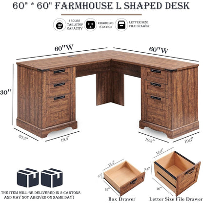 Bureau de direction en forme de L de style farmhouse, 60 pouces, bureau d'angle en bois, bureau d'ordinateur